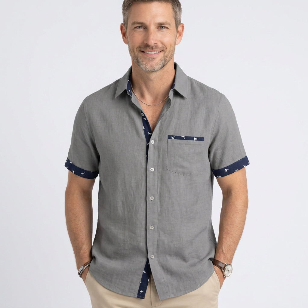Short Sleeve Shirt with Contrast Bird Print Trim