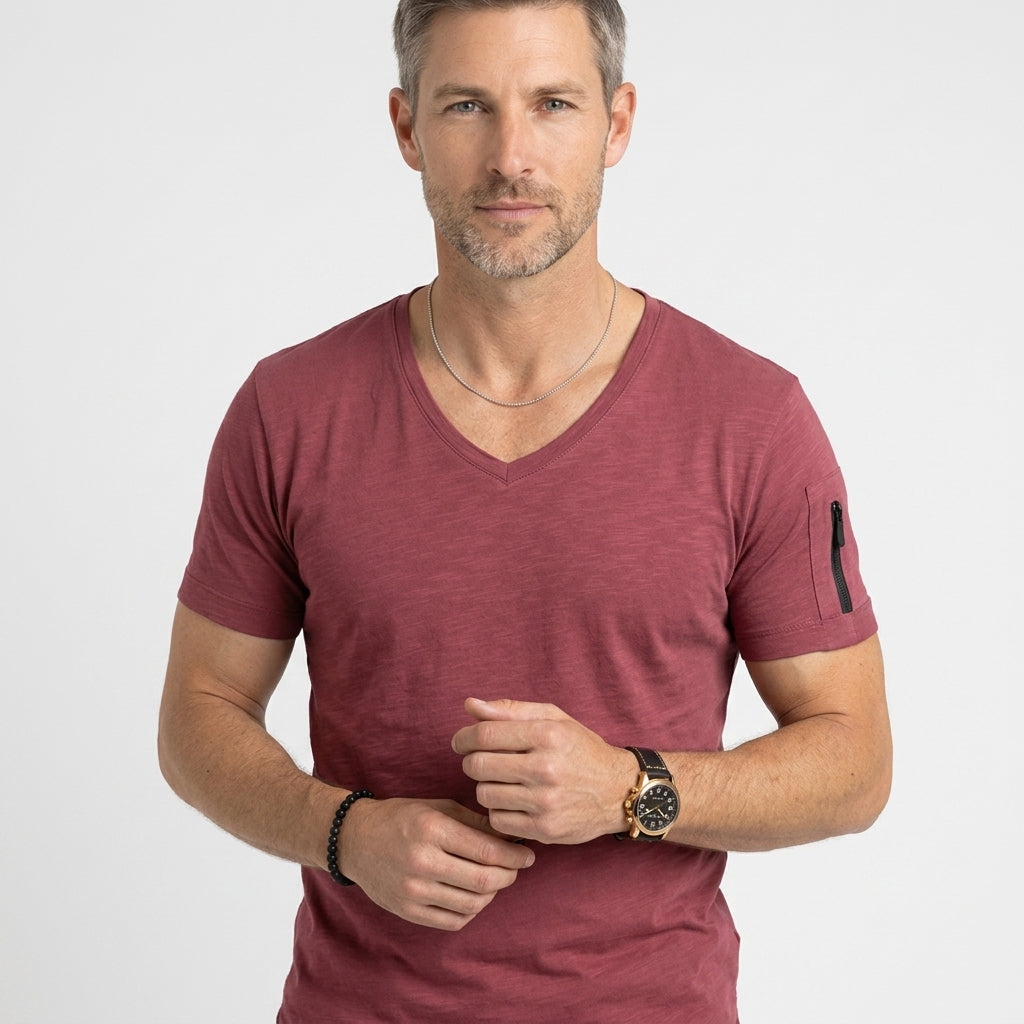 Slim Fit V-Neck T-Shirt with Zip Sleeve Detail
