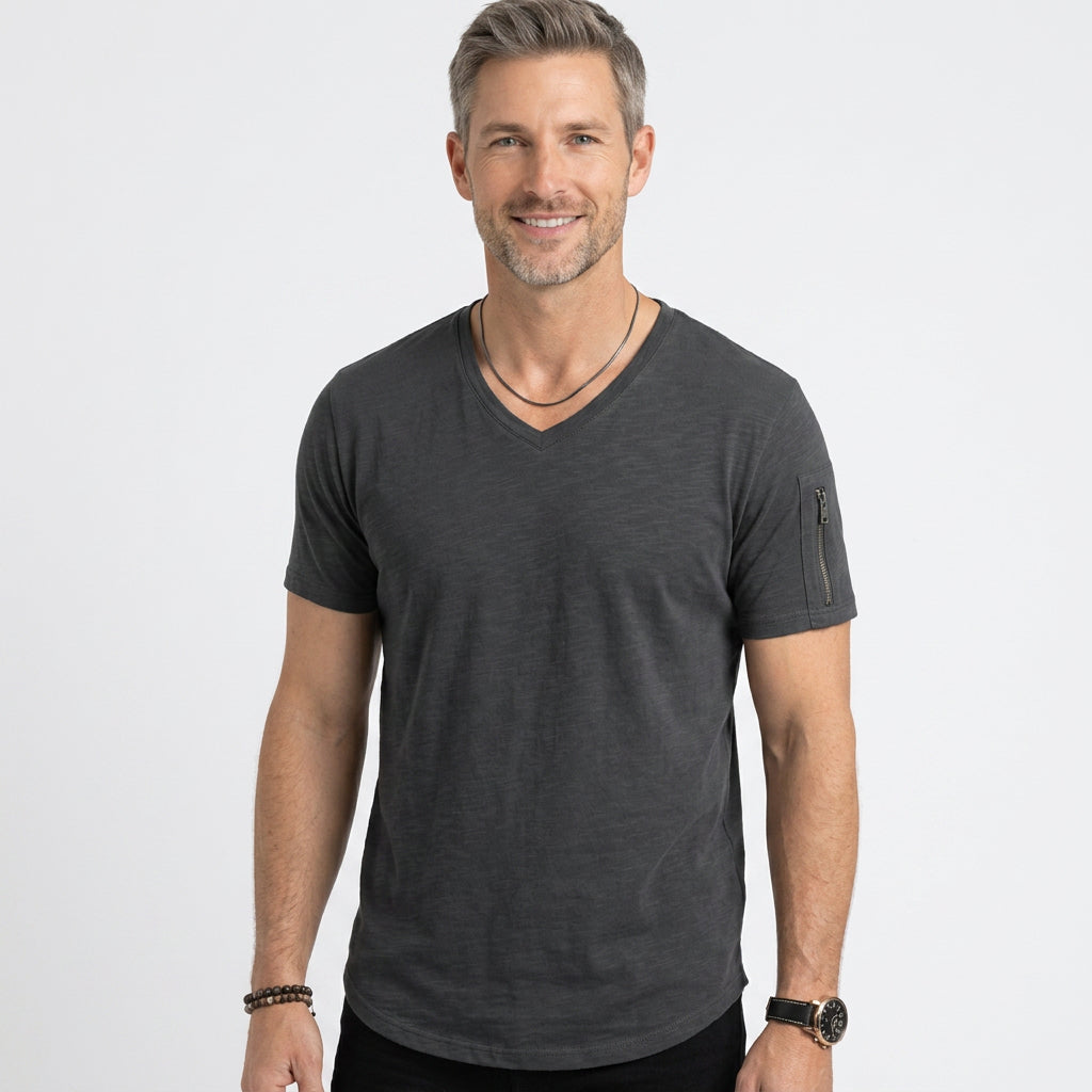 Slim Fit V-Neck T-Shirt with Zip Sleeve Detail
