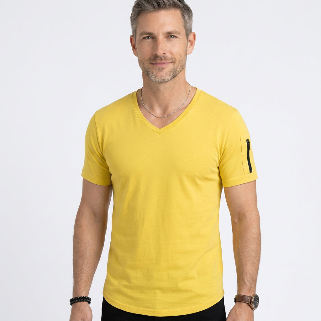 Slim Fit V-Neck T-Shirt with Zip Sleeve Detail