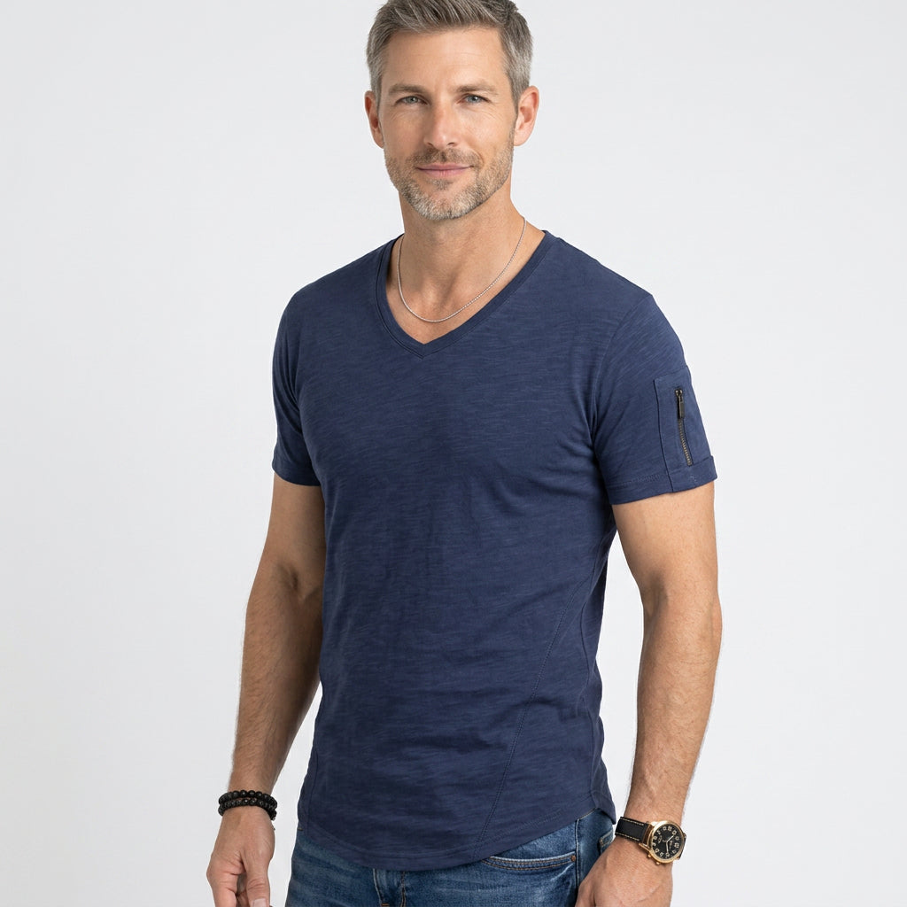Slim Fit V-Neck T-Shirt with Zip Sleeve Detail