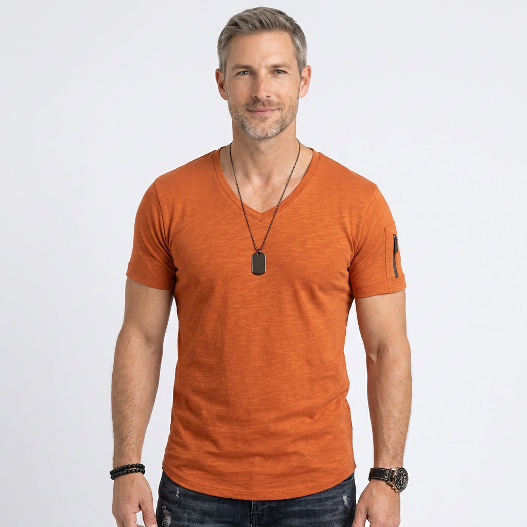 Slim Fit V-Neck T-Shirt with Zip Sleeve Detail