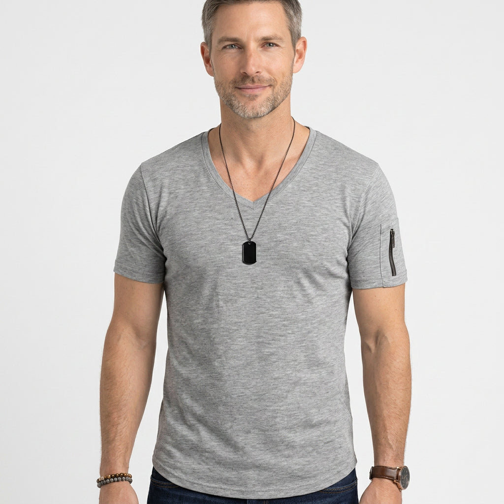 Slim Fit V-Neck T-Shirt with Zip Sleeve Detail