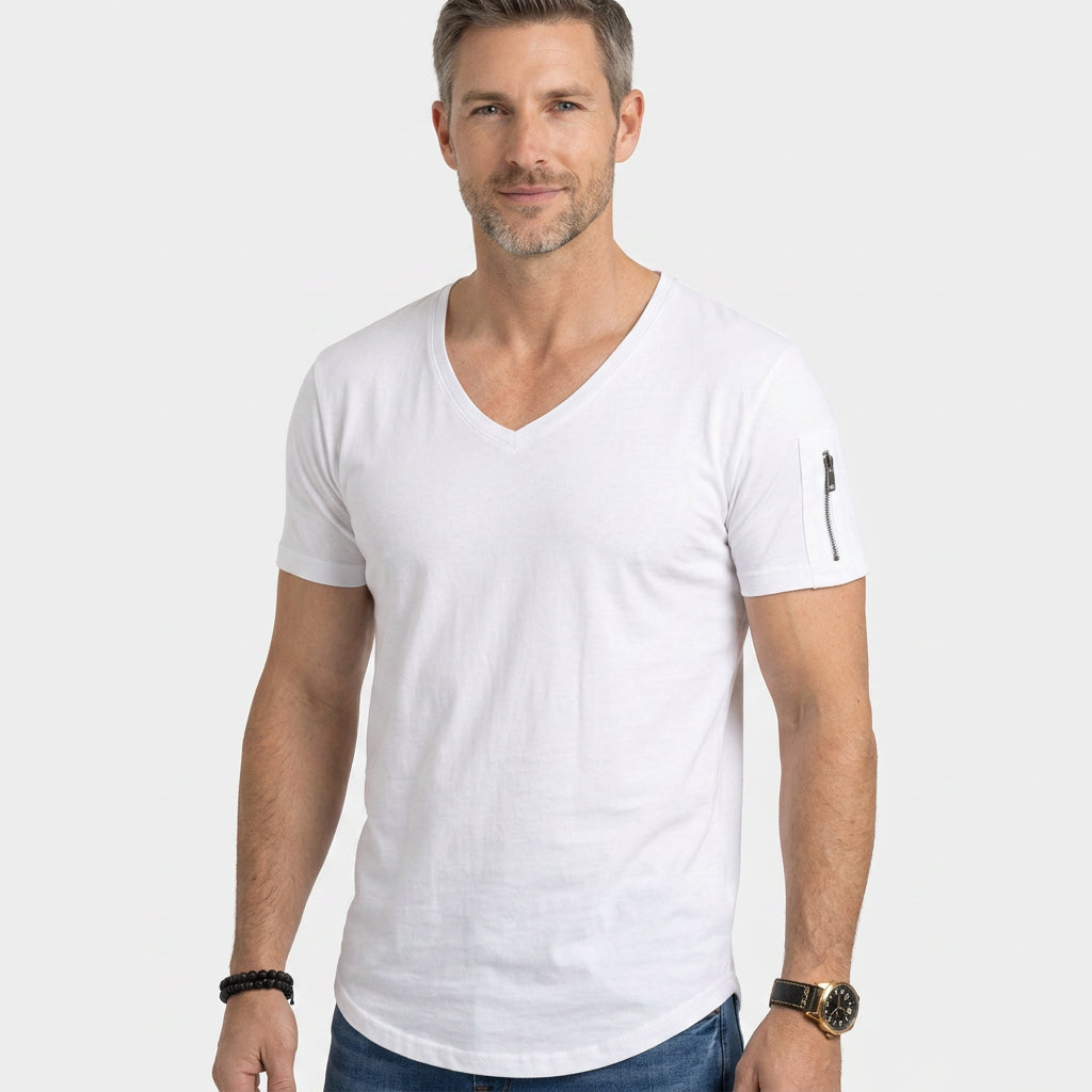 Slim Fit V-Neck T-Shirt with Zip Sleeve Detail