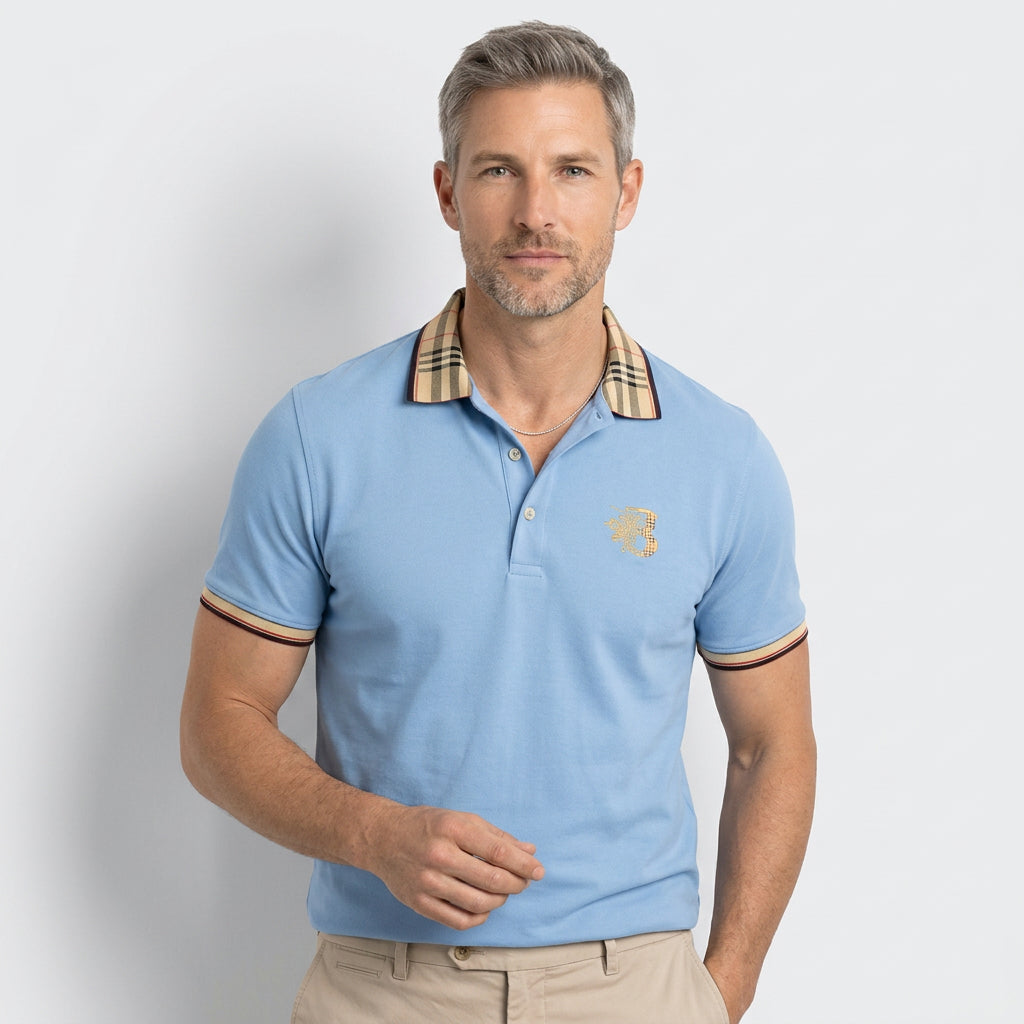 Check Collar Cotton Polo Shirt with Contrast Trim