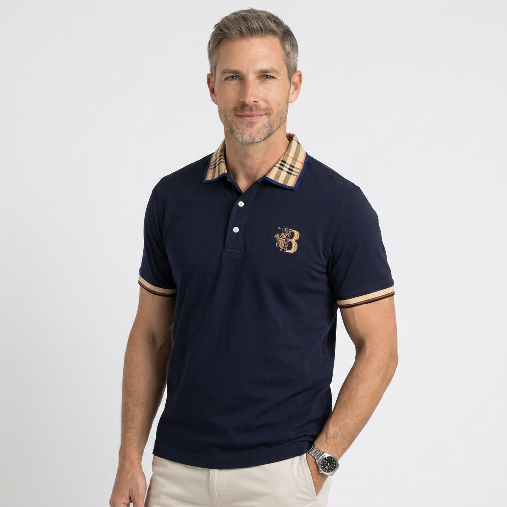 Check Collar Cotton Polo Shirt with Contrast Trim