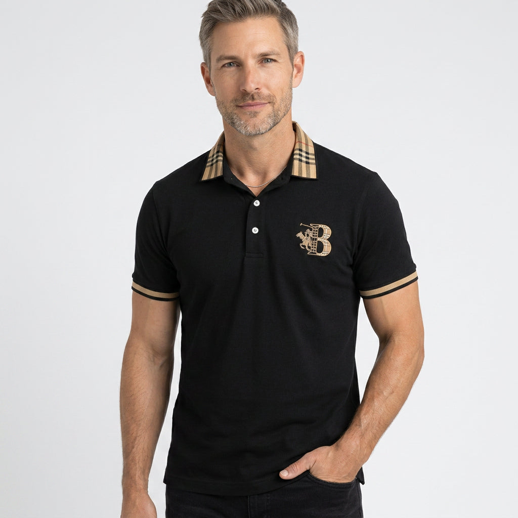 Check Collar Cotton Polo Shirt with Contrast Trim