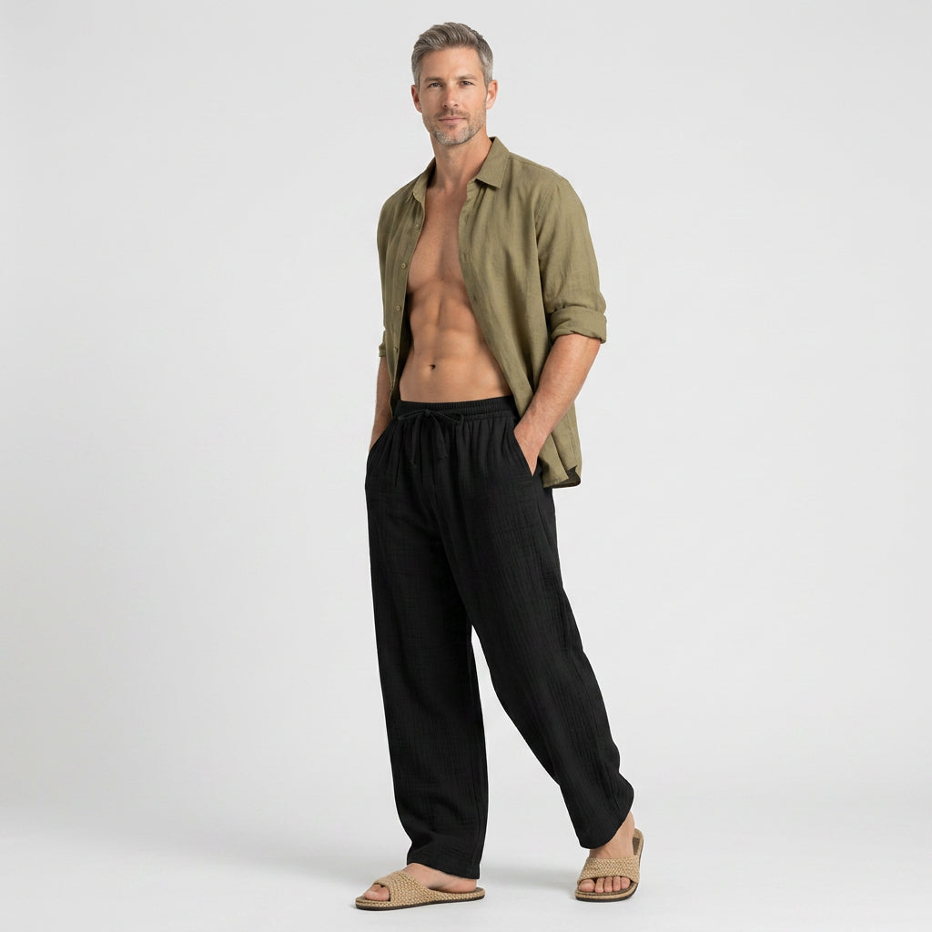 Relaxed Linen Blend Drawstring Trousers for Men