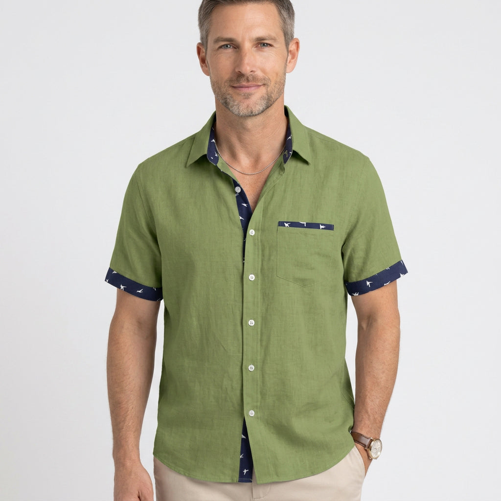 Short Sleeve Shirt with Contrast Bird Print Trim