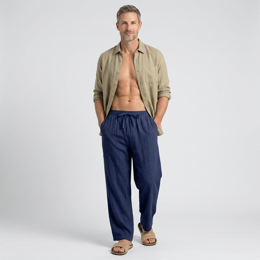 Relaxed Linen Blend Drawstring Trousers for Men