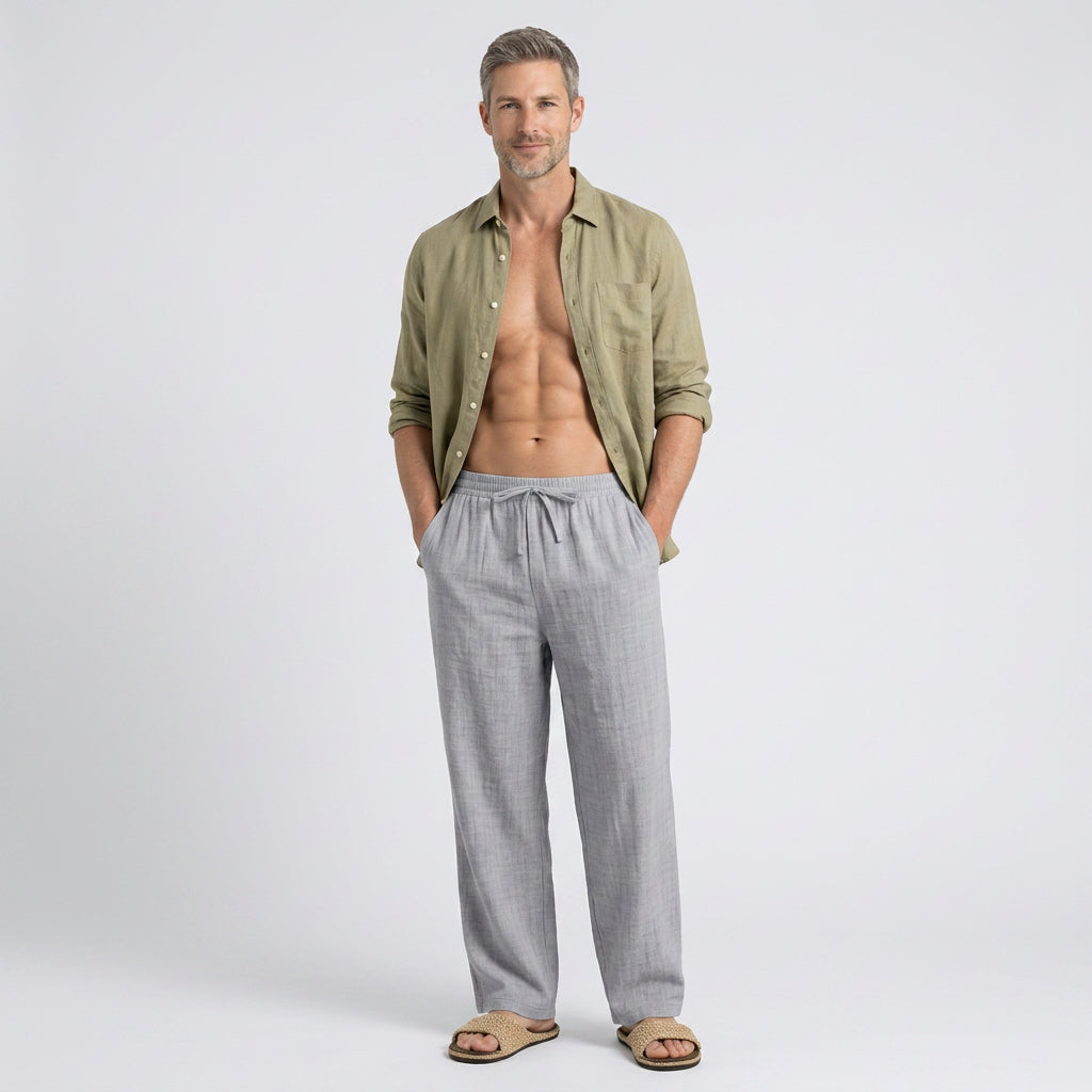 Relaxed Linen Blend Drawstring Trousers for Men