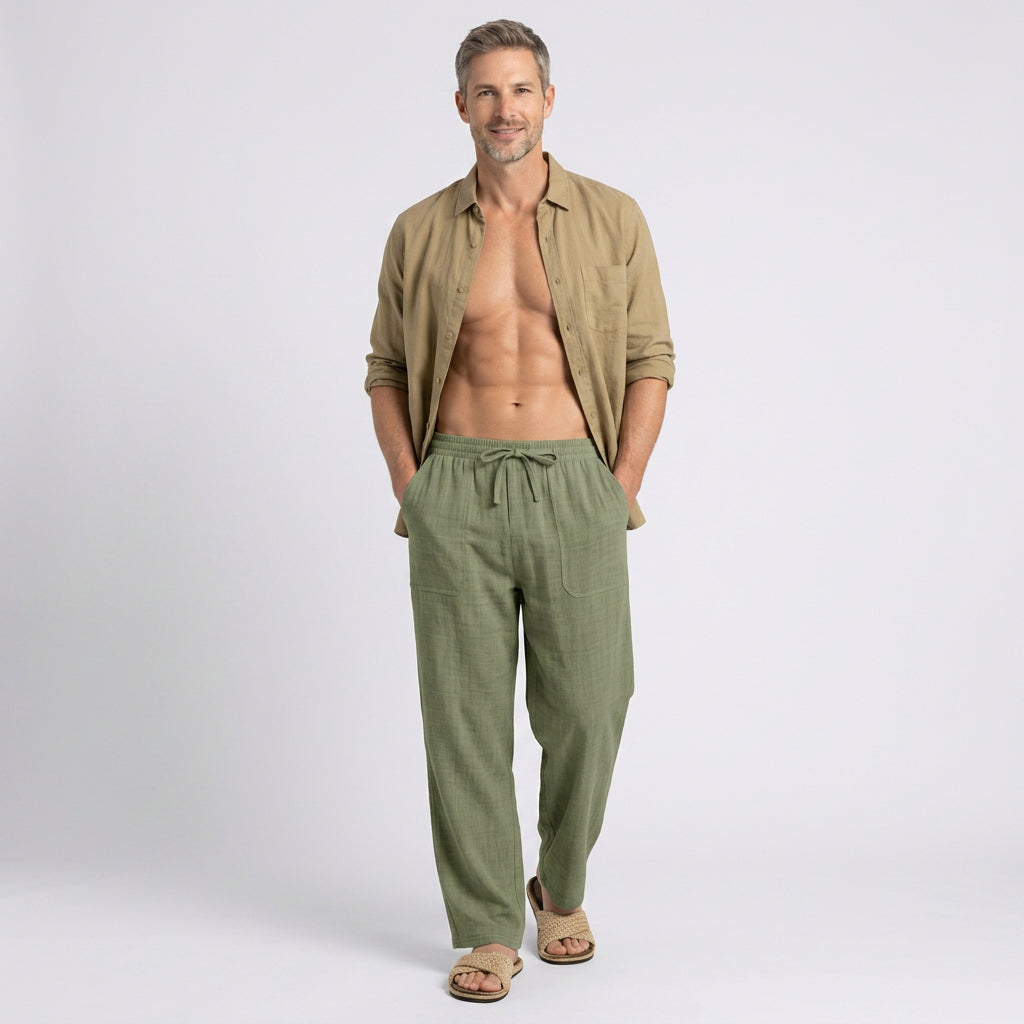 Relaxed Linen Blend Drawstring Trousers for Men
