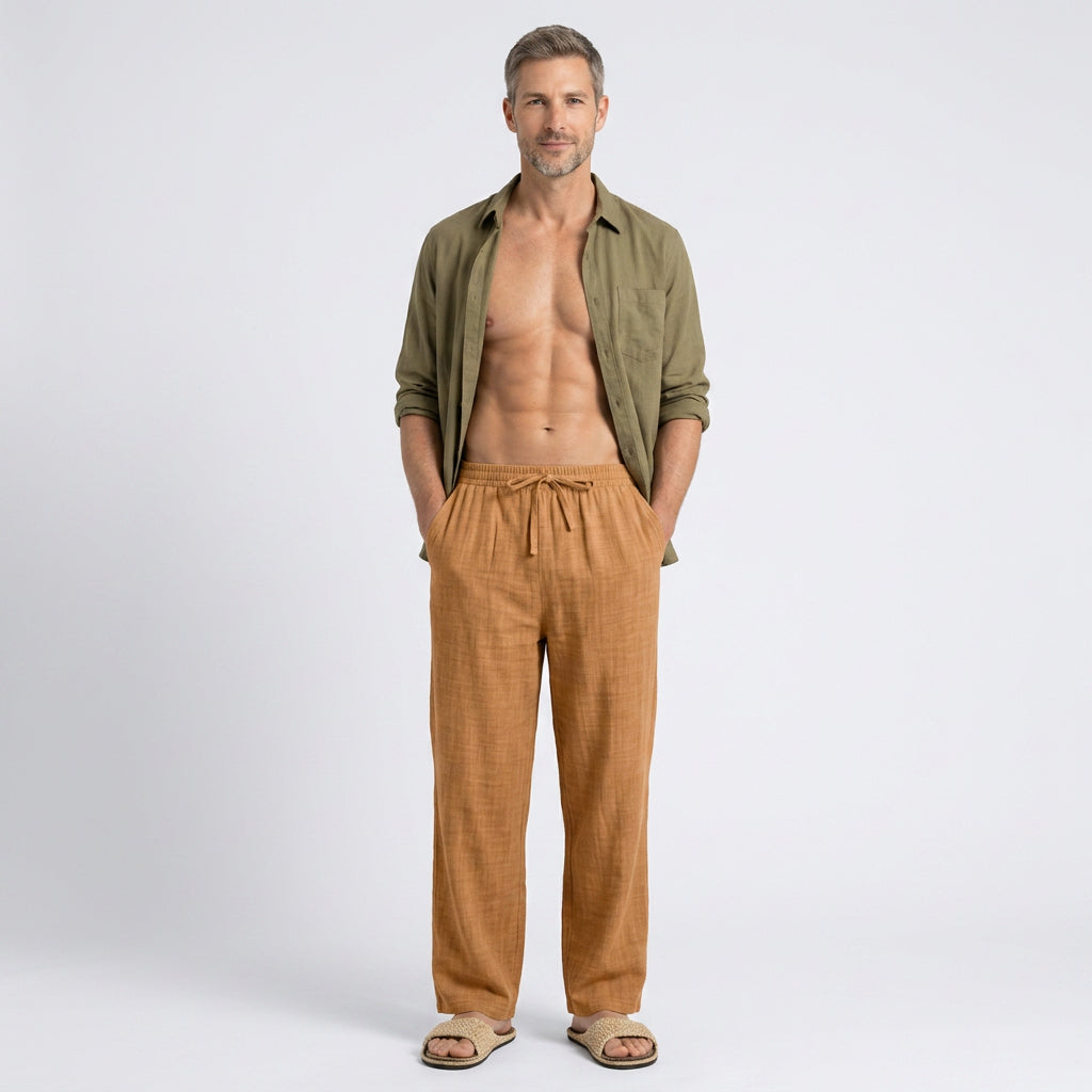 Relaxed Linen Blend Drawstring Trousers for Men