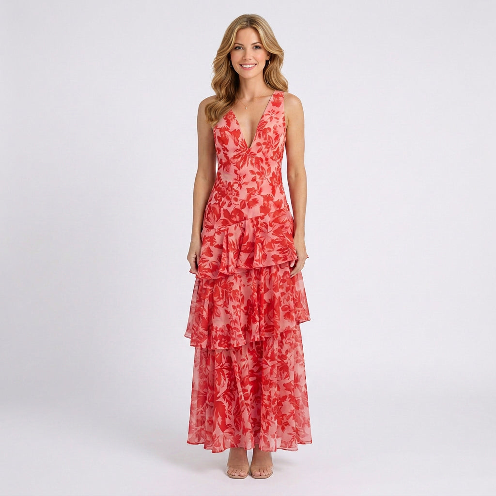 Floral Maxi Dress Women’s V Neck Tiered Occasion Dress