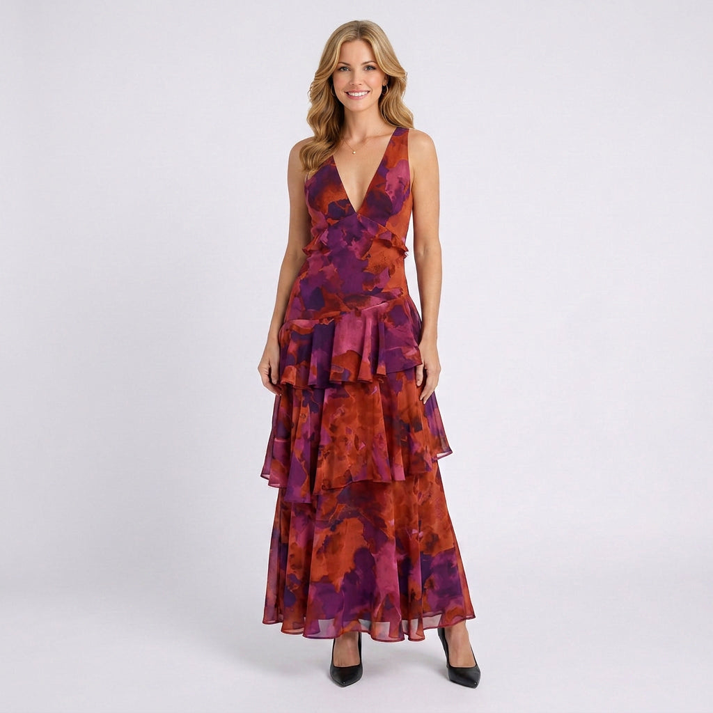 Floral Maxi Dress Women’s V Neck Tiered Occasion Dress