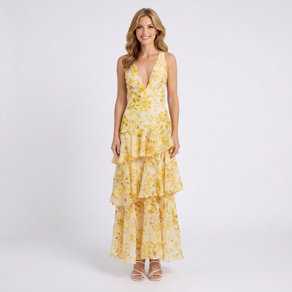 Floral Maxi Dress Women’s V Neck Tiered Occasion Dress