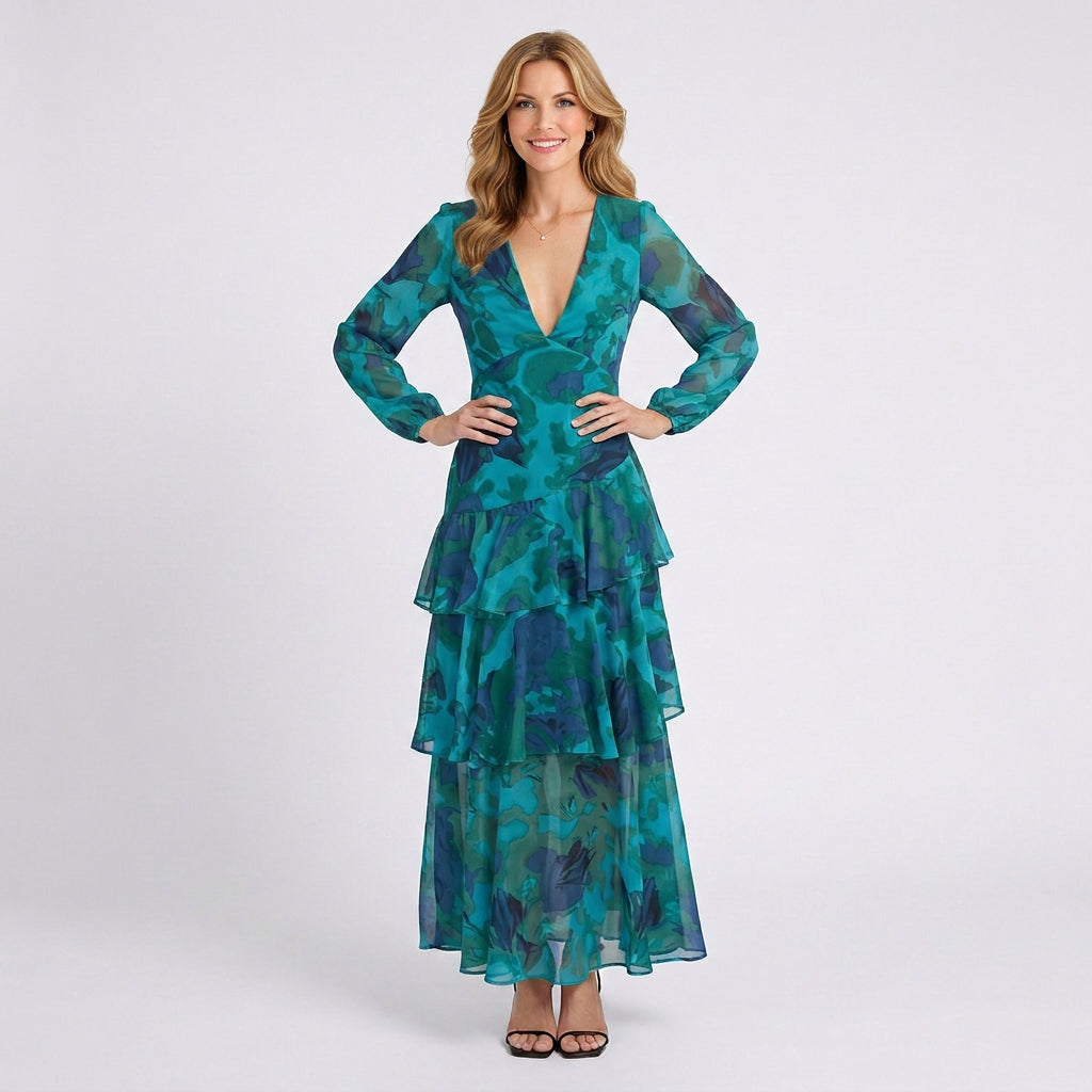 Floral Maxi Dress Women’s V Neck Tiered Occasion Dress