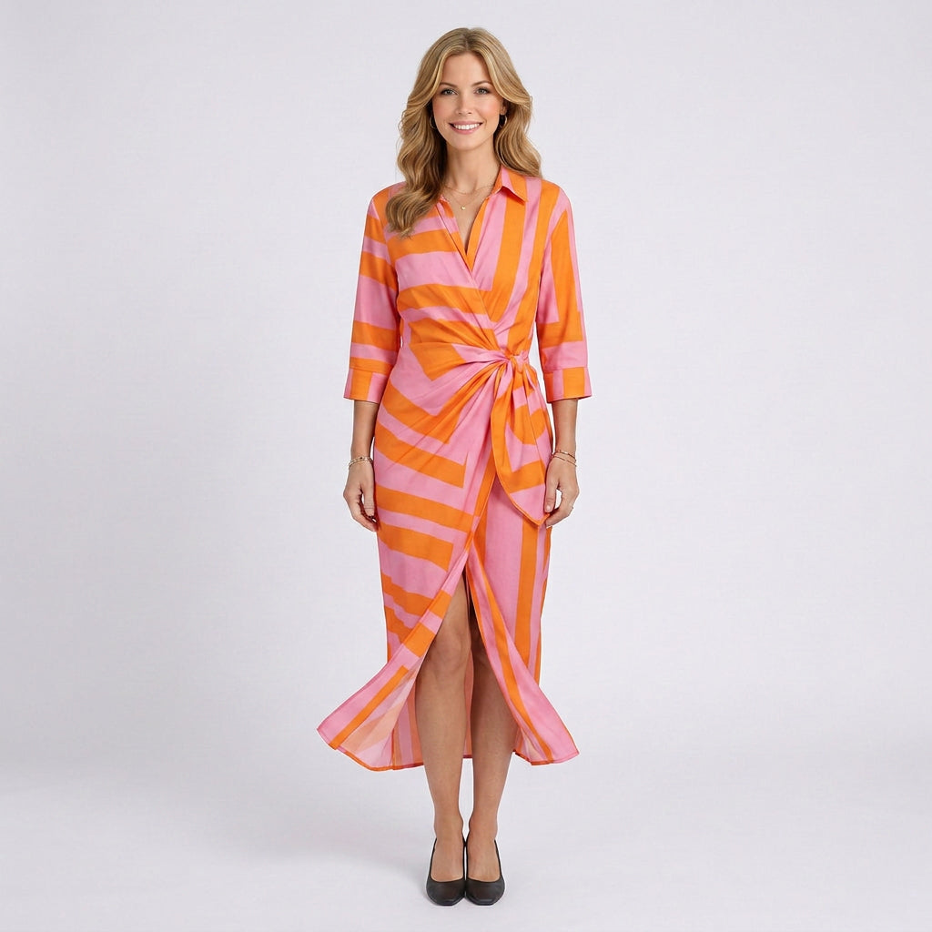 Striped Wrap Midi Dress Women’s Tie Waist Shirt Dress