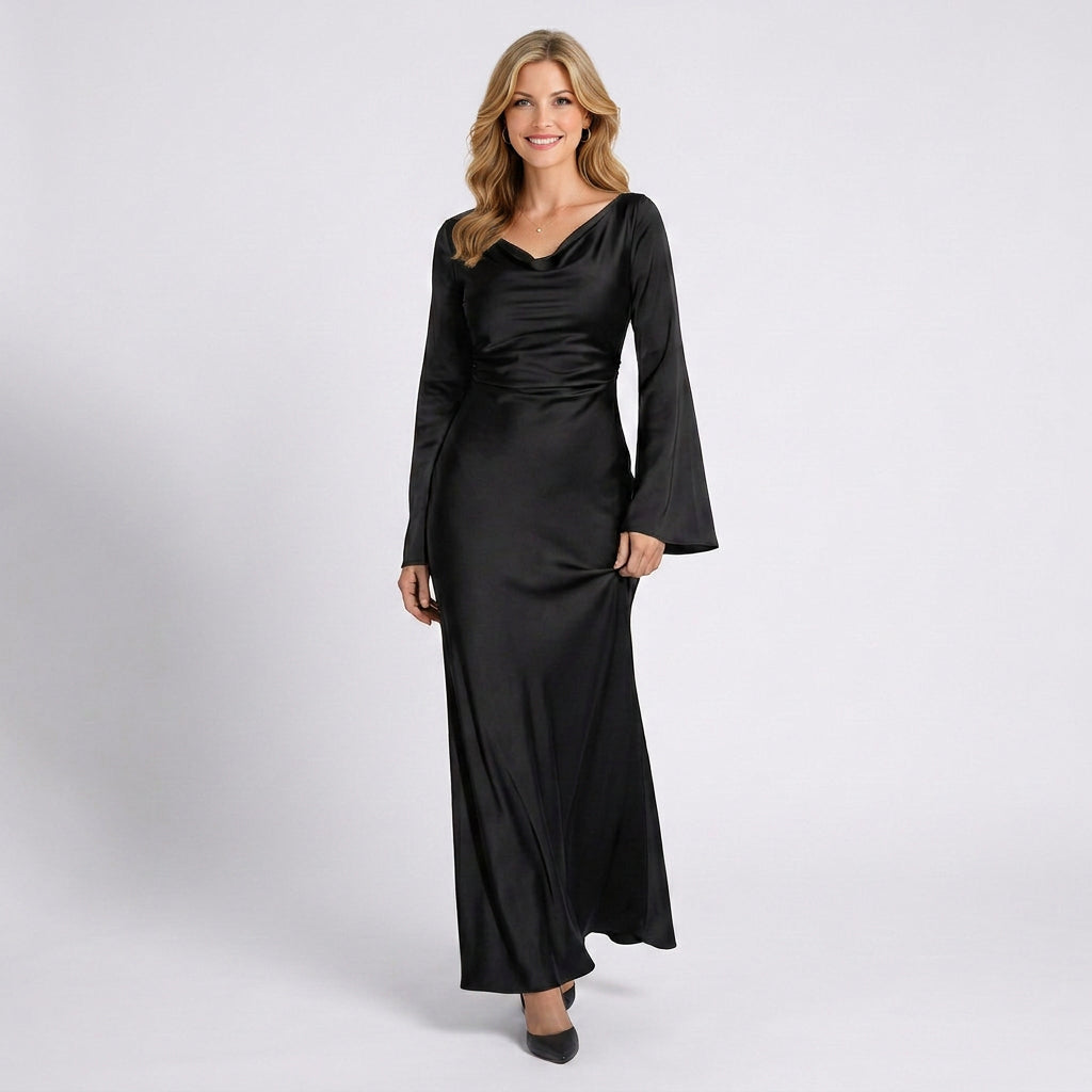 Long Sleeve Maxi Dress Women’s Boat Neck Evening Gown