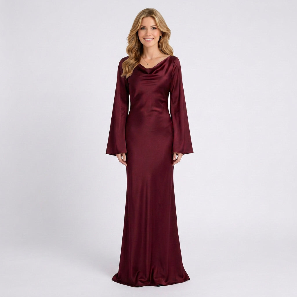 Long Sleeve Maxi Dress Women’s Boat Neck Evening Gown