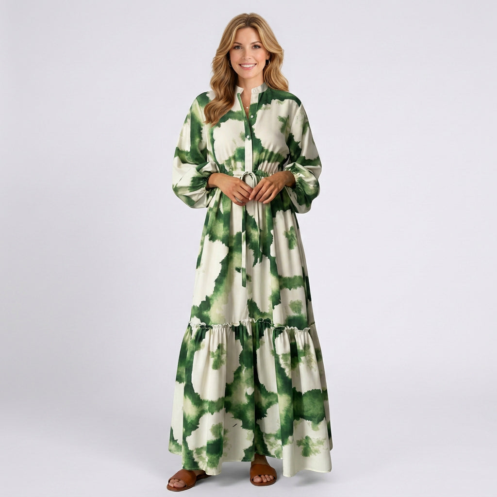 Print Maxi Dress Women’s Belted Tiered Shirt Dress