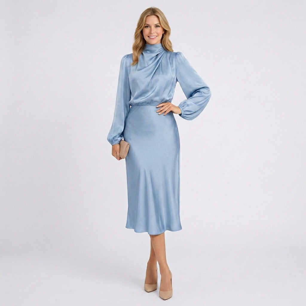 Satin Midi Dress Women’s High Neck Long Sleeve Dress