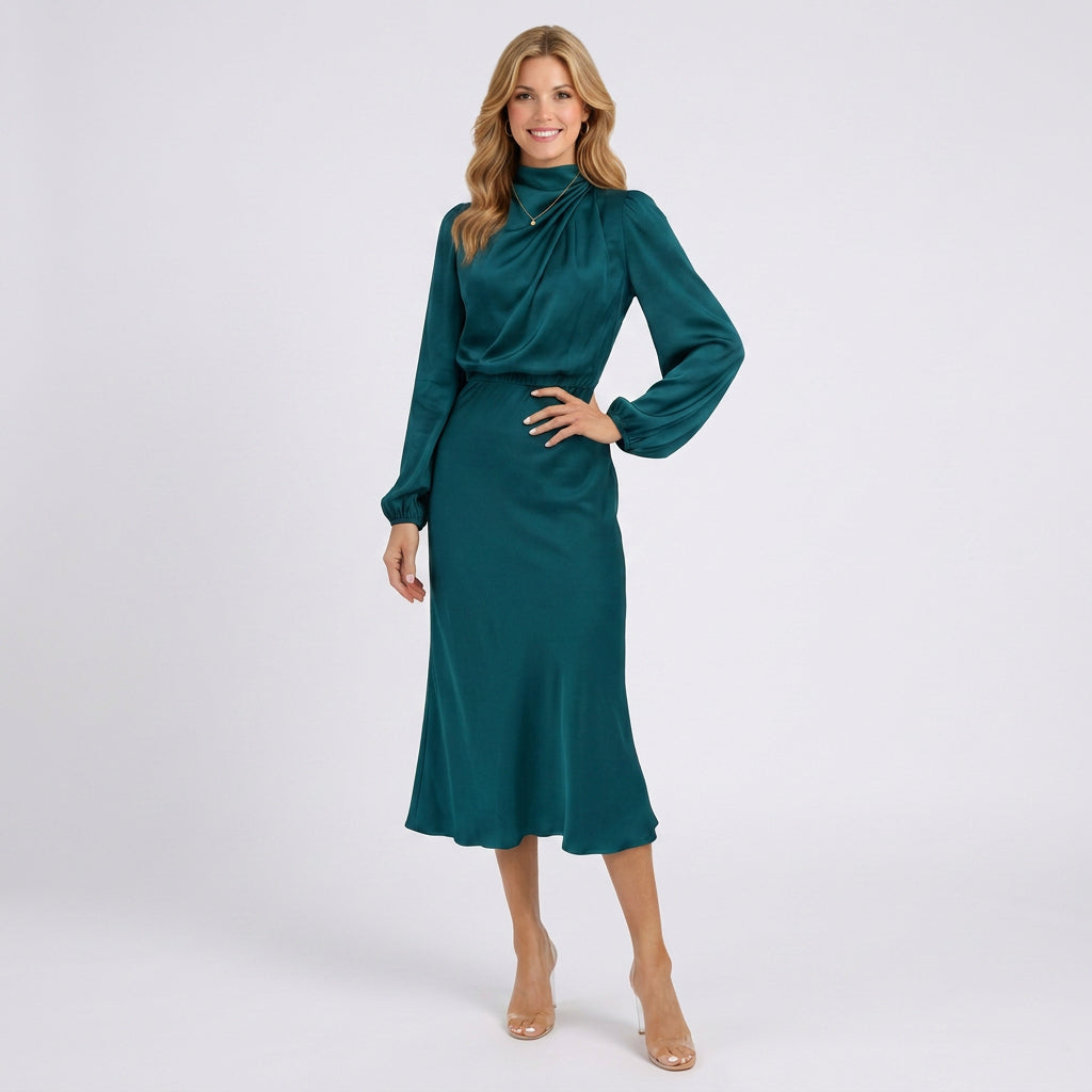 Satin Midi Dress Women’s High Neck Long Sleeve Dress