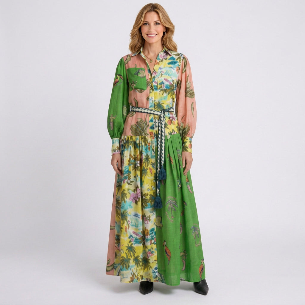 Print Maxi Dress Women’s Belted Tiered Shirt Dress