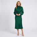 Satin Midi Dress Women’s High Neck Long Sleeve Dress