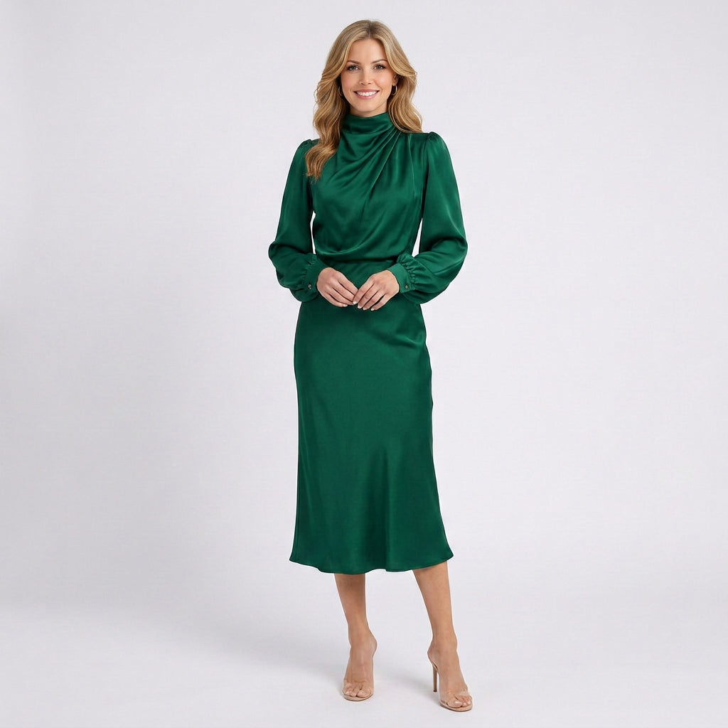 Satin Midi Dress Women’s High Neck Long Sleeve Dress