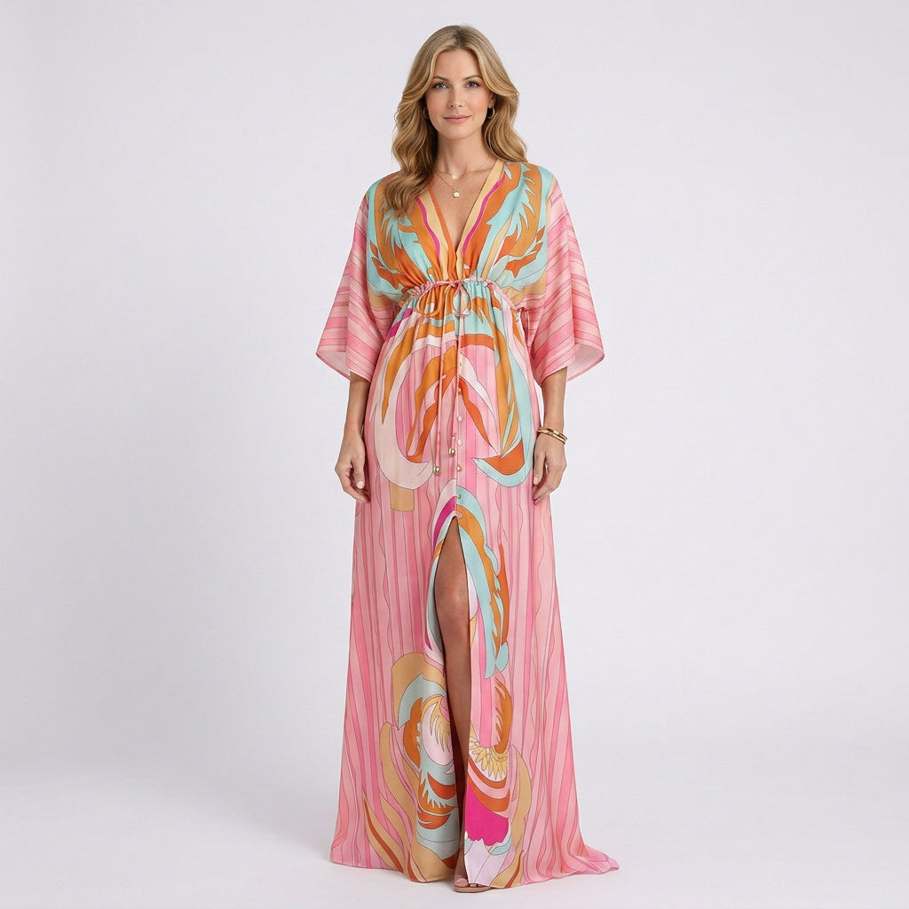 Abstract Print Maxi Dress Women’s V Neck Beach Occasion Dress