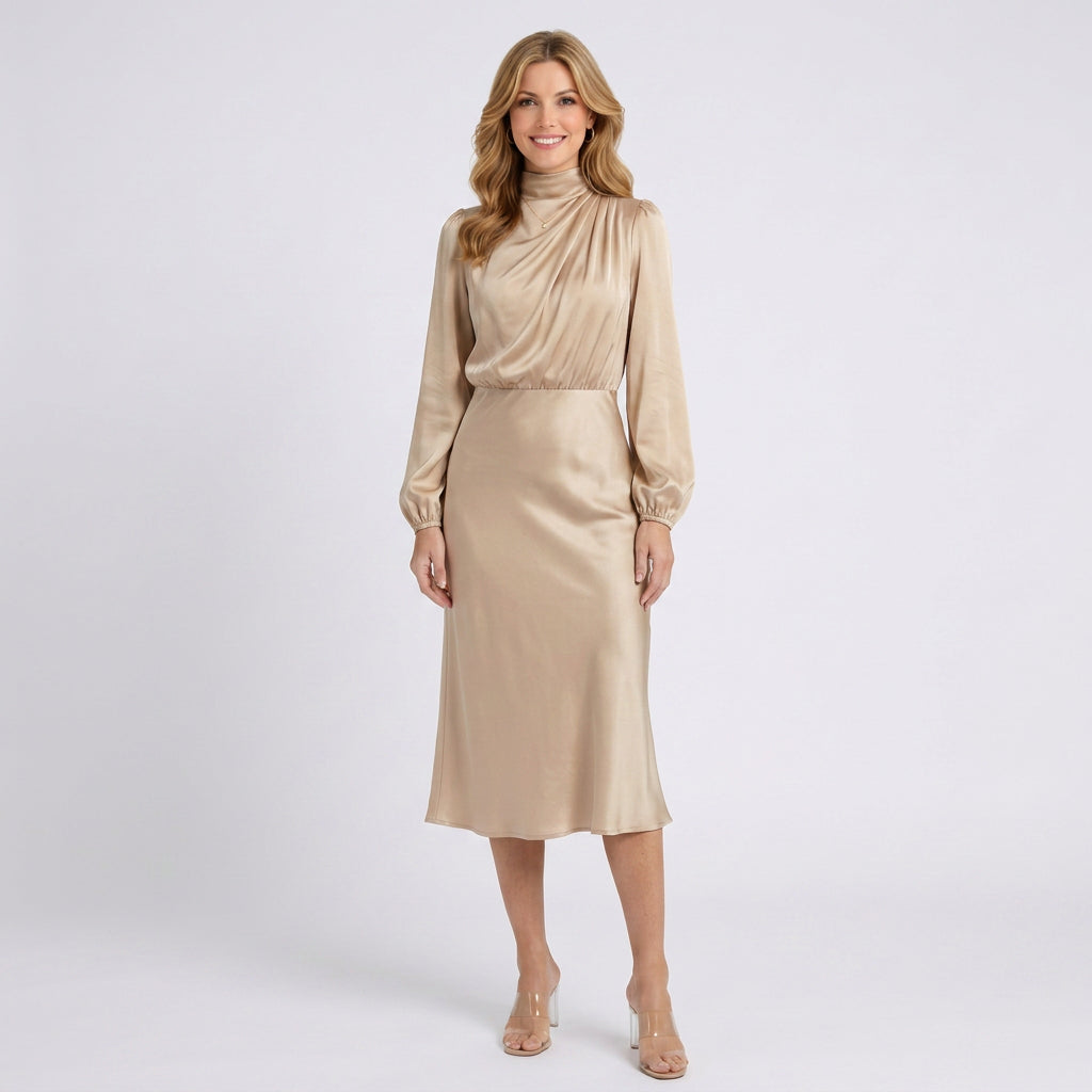 Satin Midi Dress Women’s High Neck Long Sleeve Dress