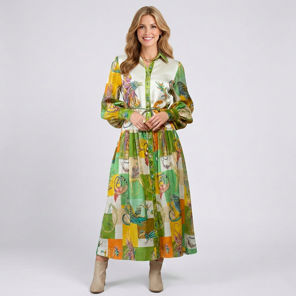 Print Maxi Dress Women’s Belted Tiered Shirt Dress