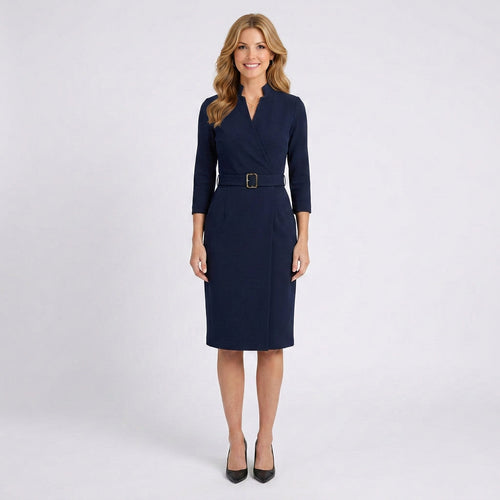 Belted Midi Dress Women’s Tailored V Neck Office Dress