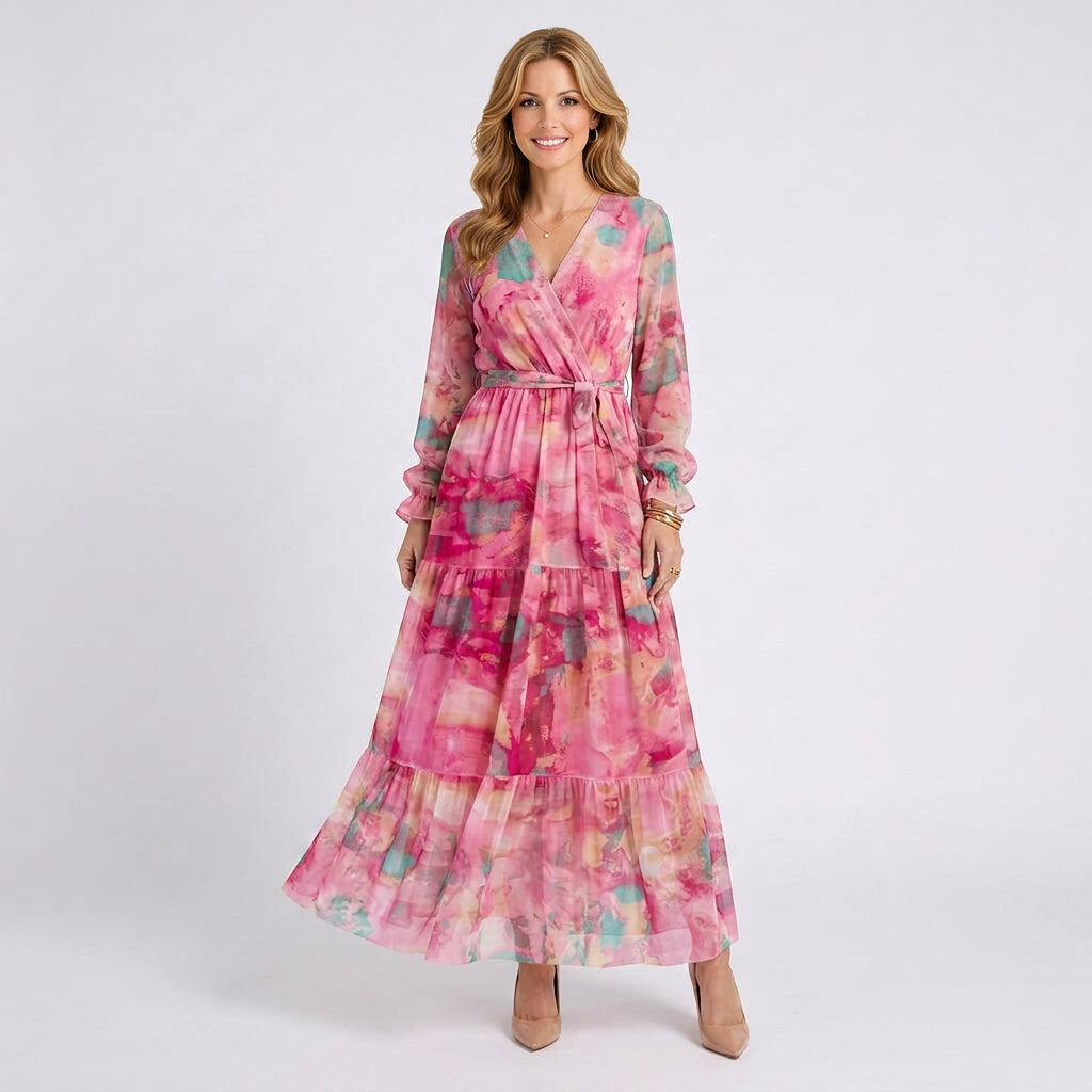 Floral Wrap Maxi Dress Women’s Long Sleeve Tiered Occasion Dress