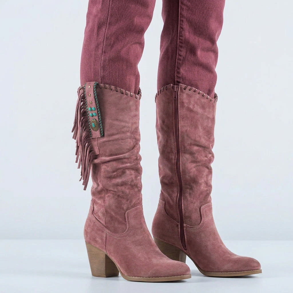 Knee High Boots – Fringe Detail Block Heel Style
