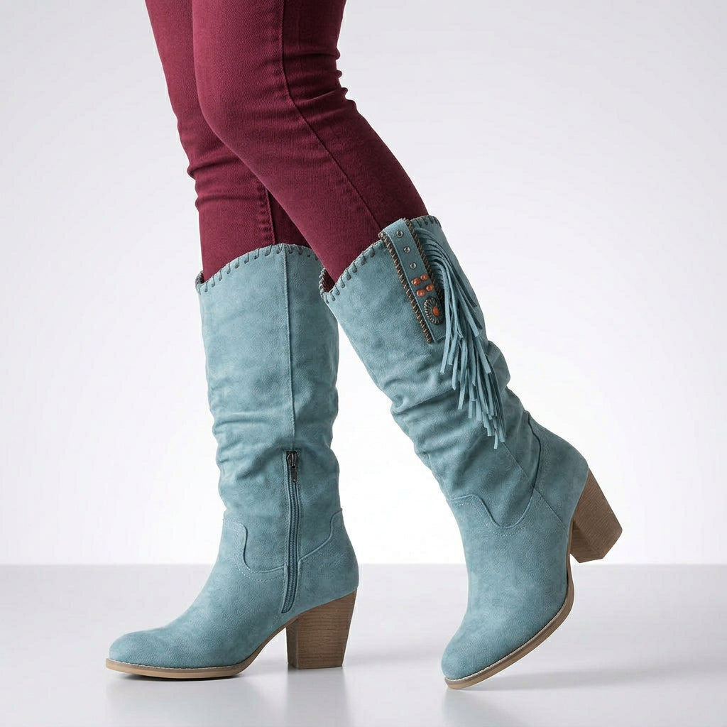 Knee High Boots – Fringe Detail Block Heel Style