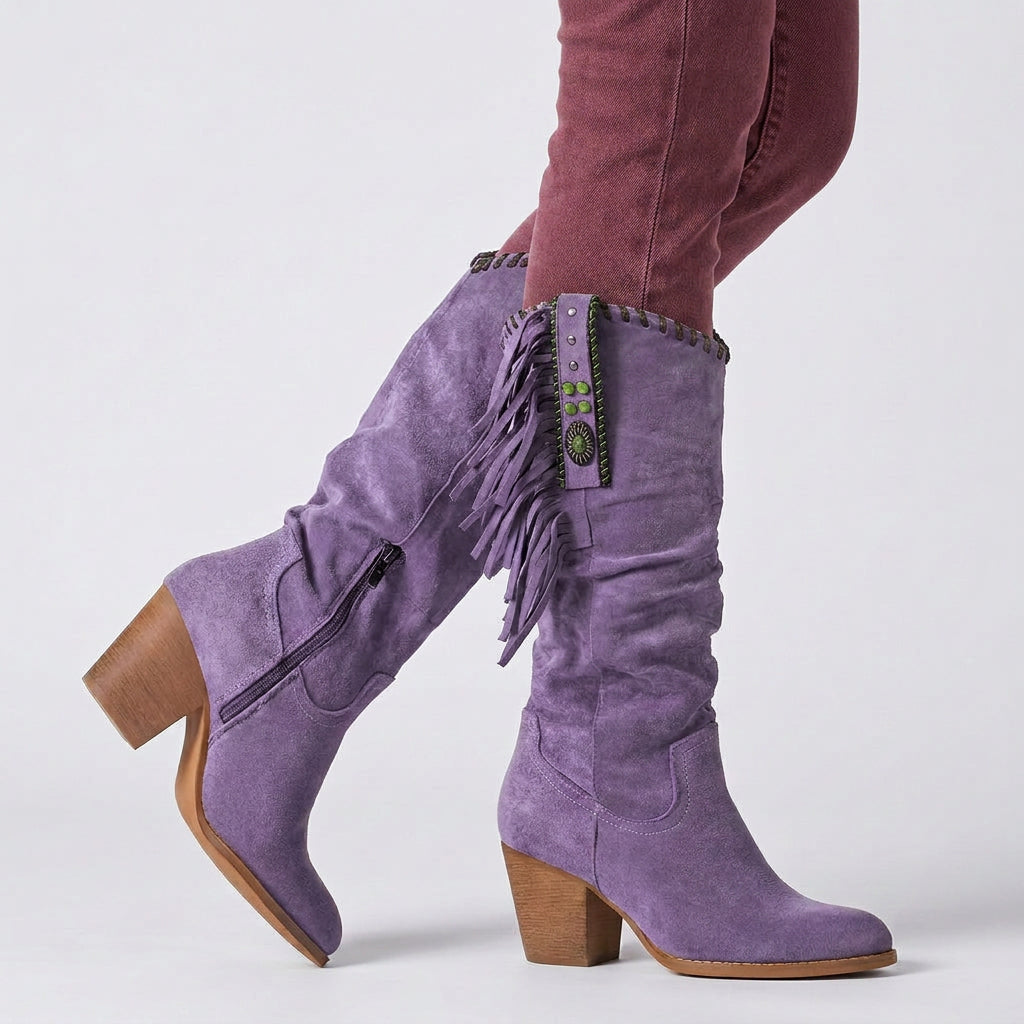 Knee High Boots – Fringe Detail Block Heel Style