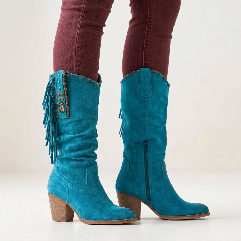 Knee High Boots – Fringe Detail Block Heel Style