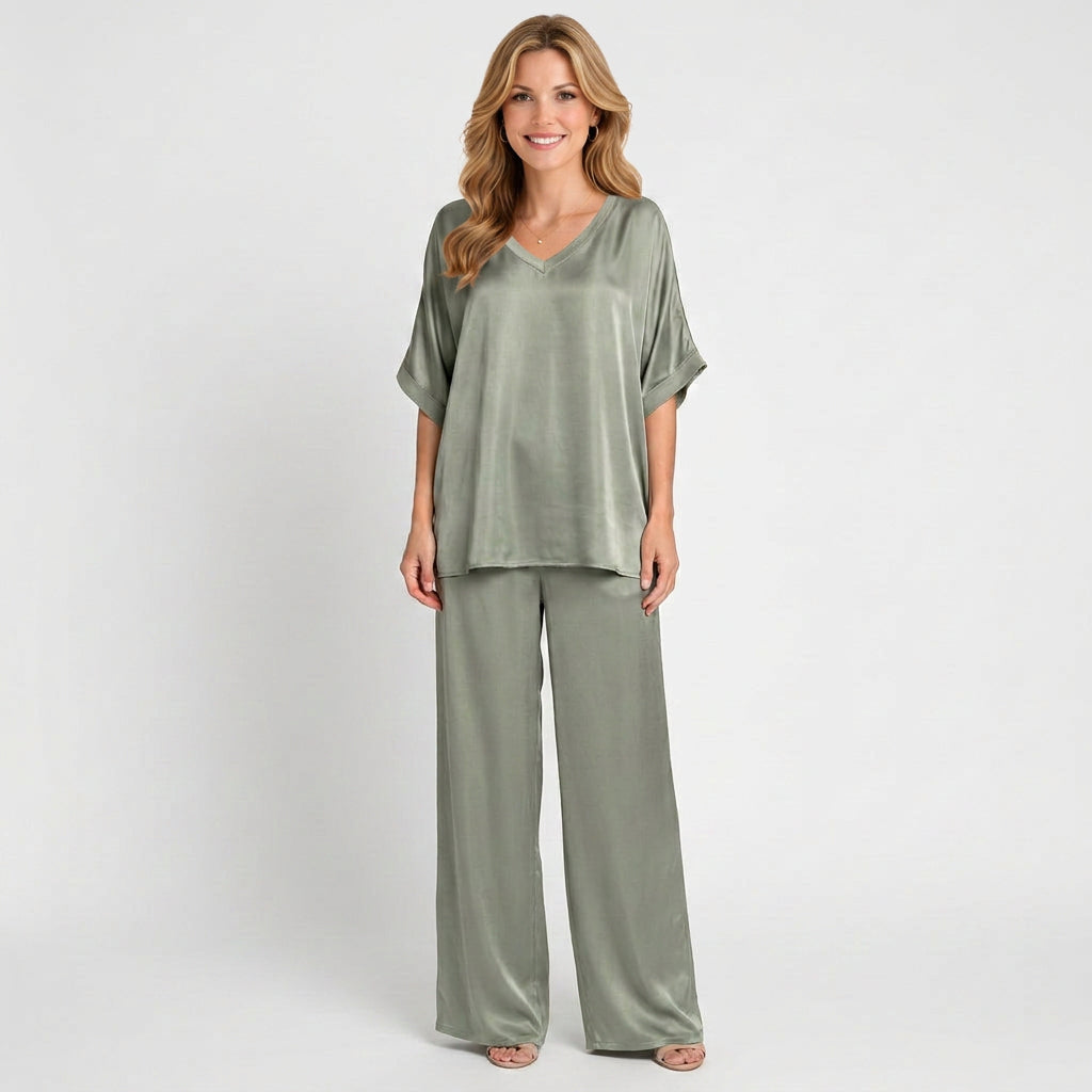 Satin Co-Ord Set – V-Neck Wide Leg Style