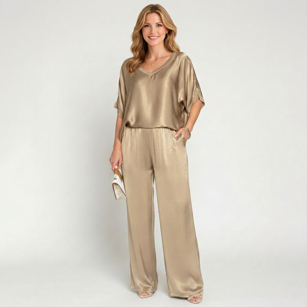 Satin Co-Ord Set – V-Neck Wide Leg Style