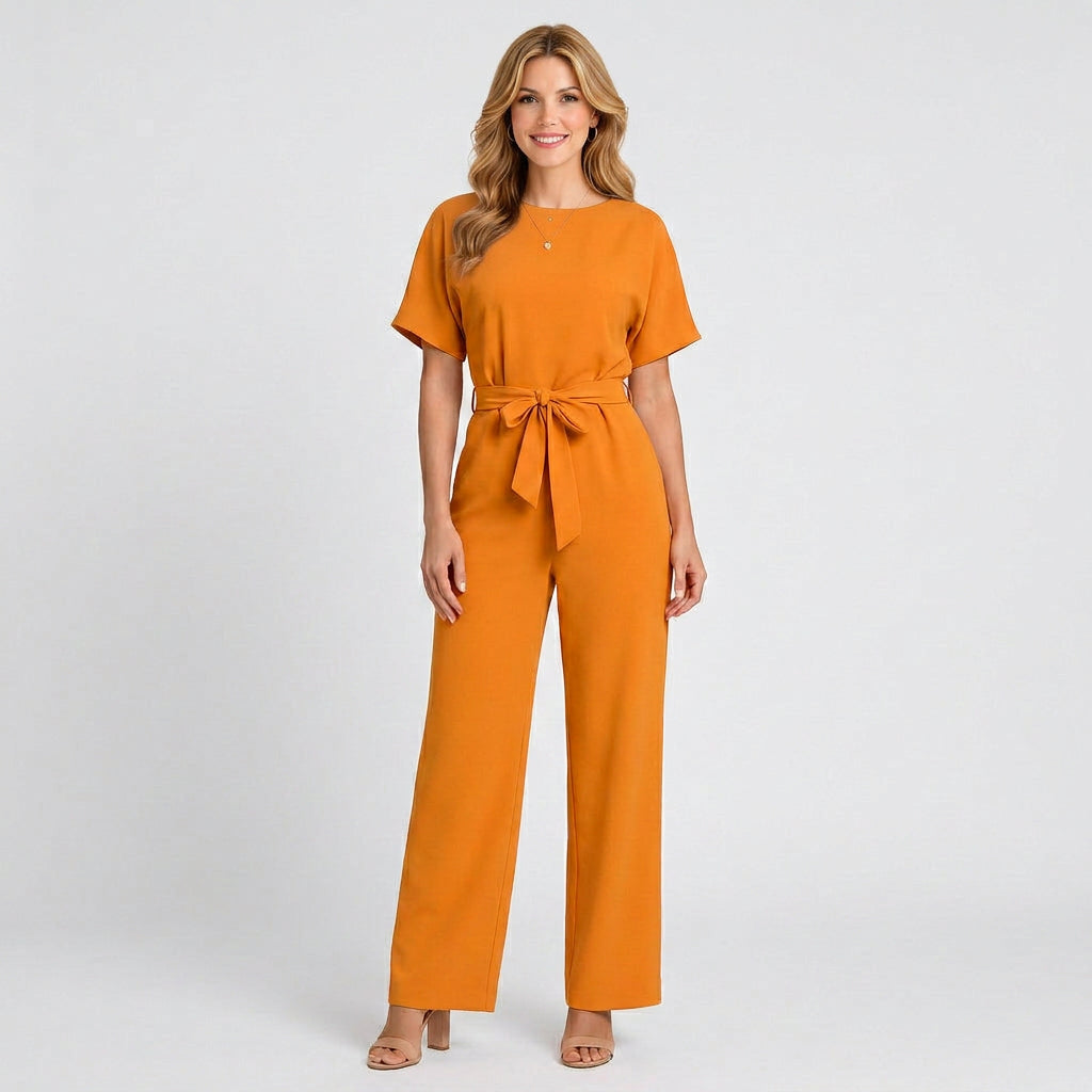 Tie Waist Jumpsuit – Short Sleeve Wide Leg Style