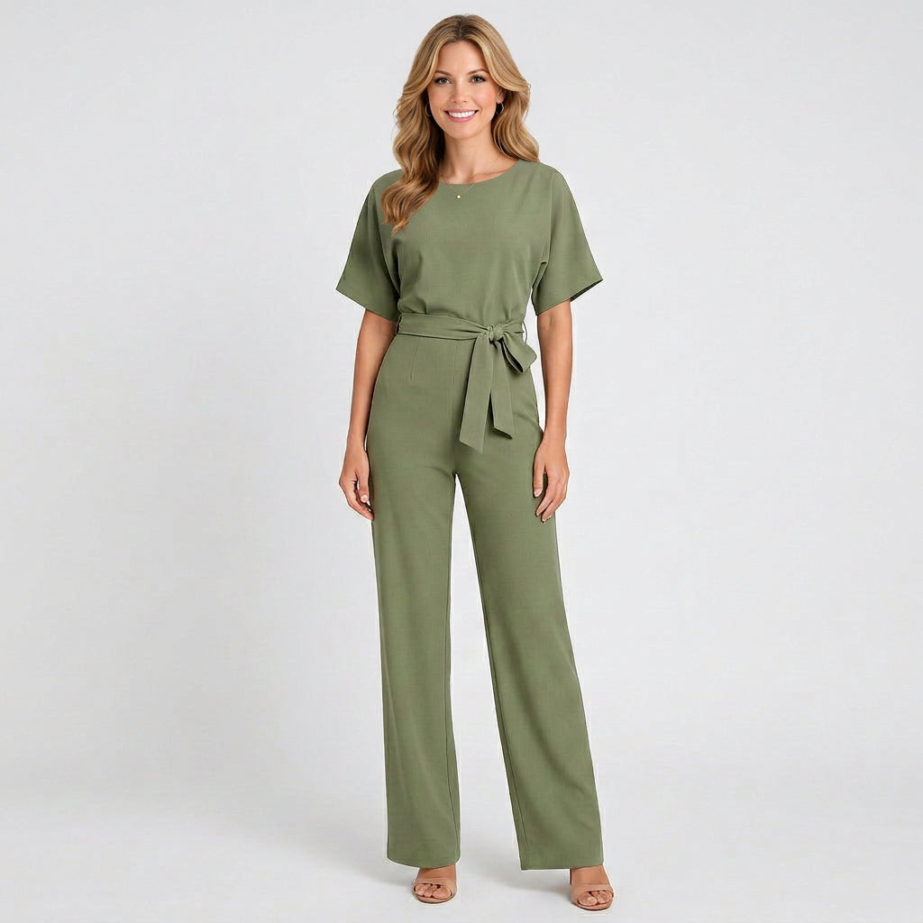 Tie Waist Jumpsuit – Short Sleeve Wide Leg Style