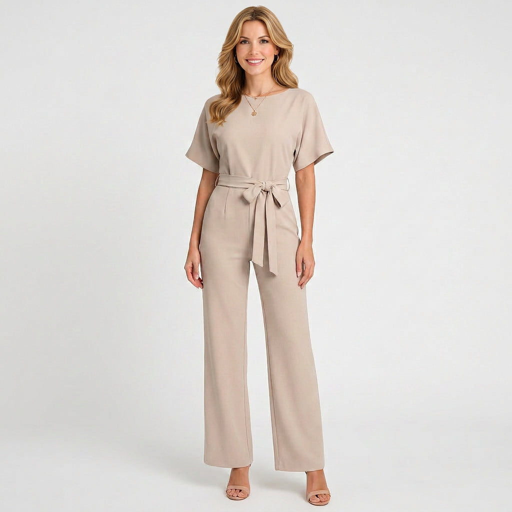 Tie Waist Jumpsuit – Short Sleeve Wide Leg Style