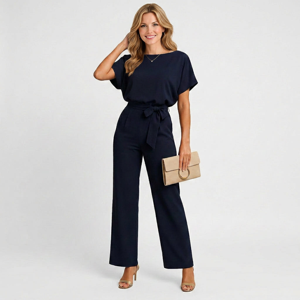 Tie Waist Jumpsuit – Short Sleeve Wide Leg Style