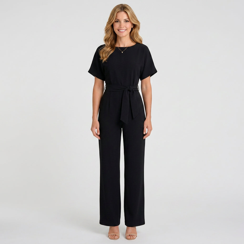 Tie Waist Jumpsuit – Short Sleeve Wide Leg Style