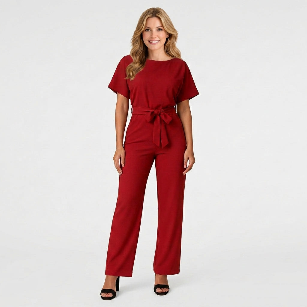 Tie Waist Jumpsuit – Short Sleeve Wide Leg Style