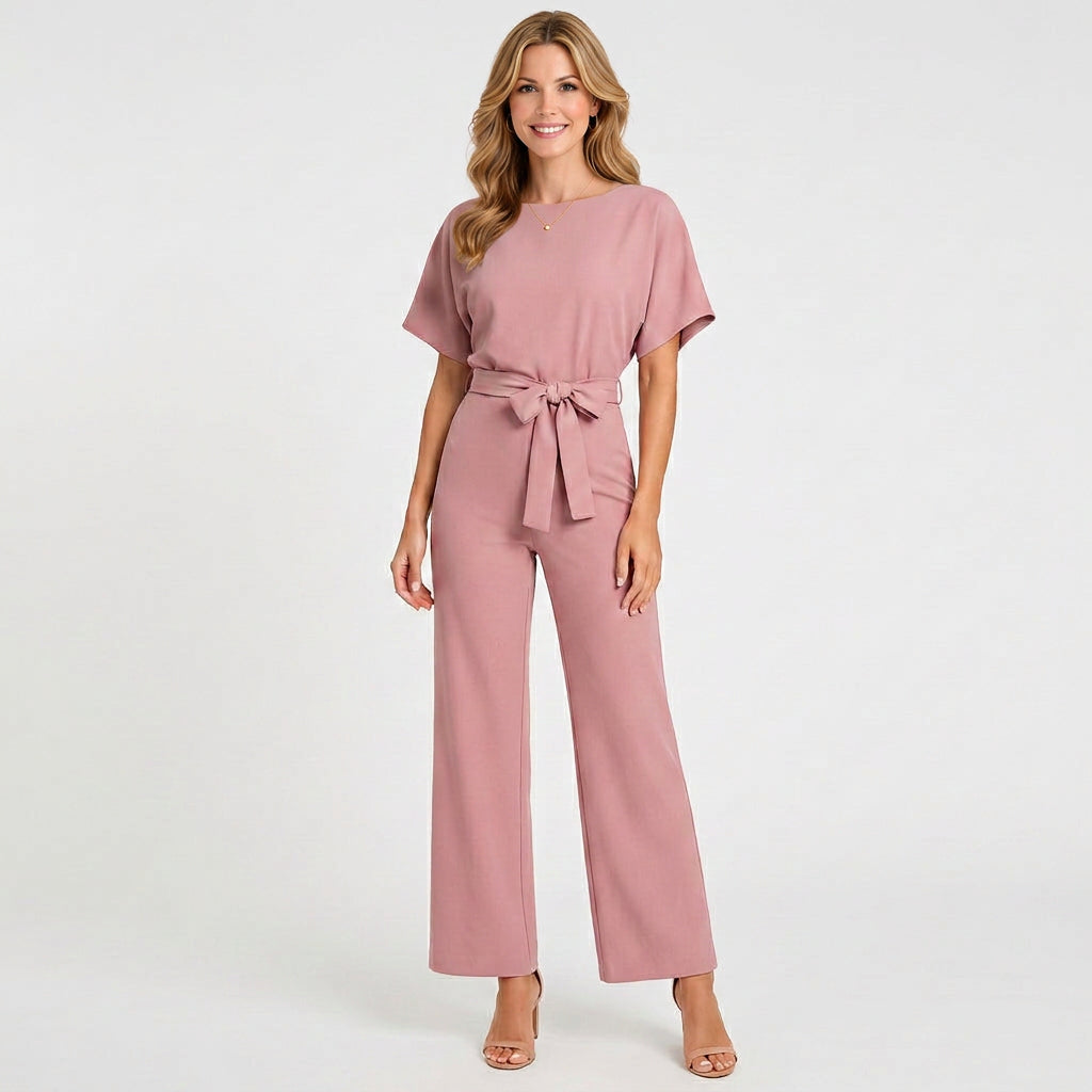 Tie Waist Jumpsuit – Short Sleeve Wide Leg Style