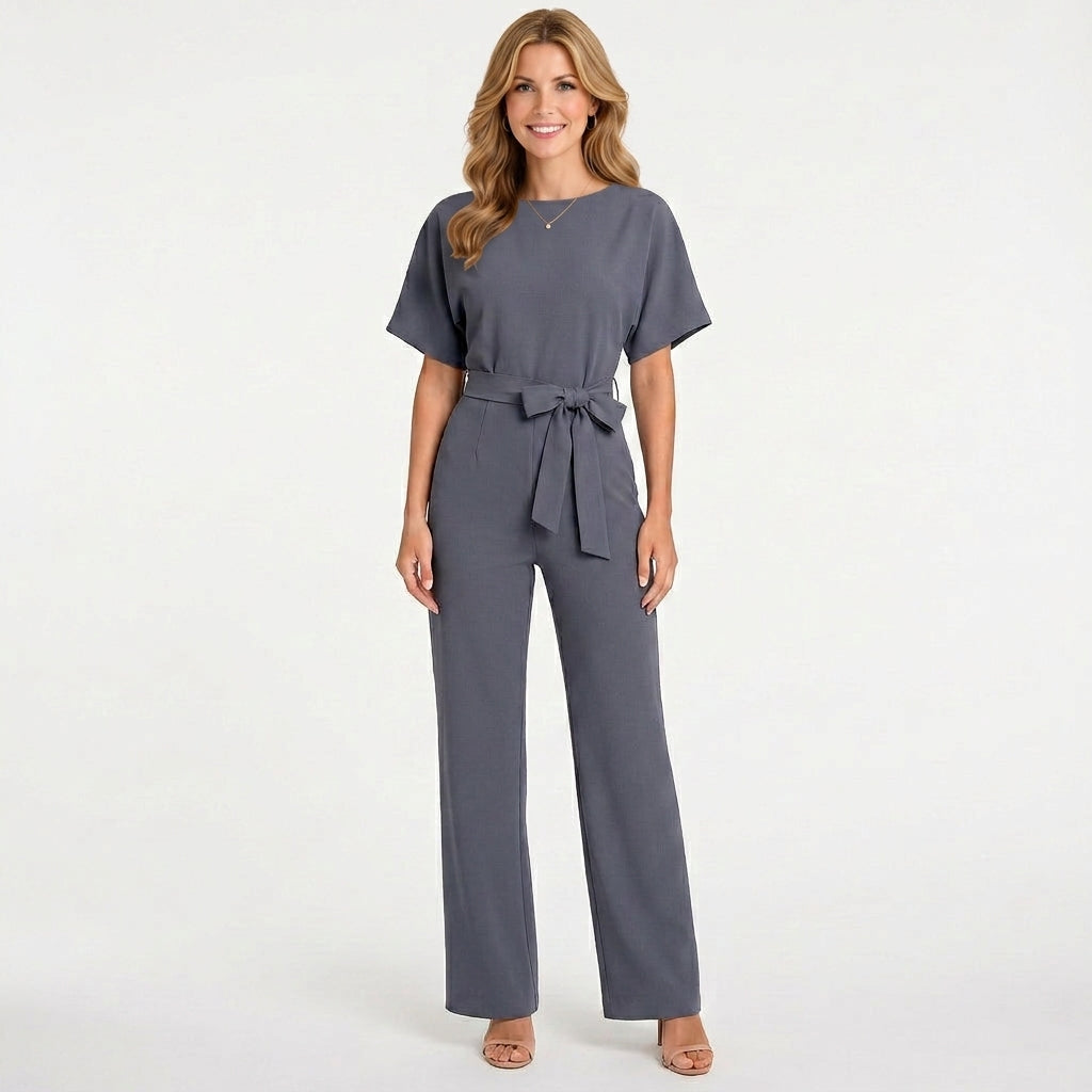 Tie Waist Jumpsuit – Short Sleeve Wide Leg Style