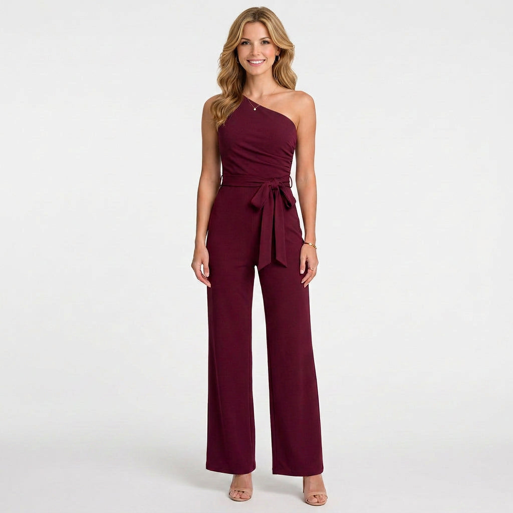 One Shoulder Jumpsuit – Tie Waist Wide Leg Style